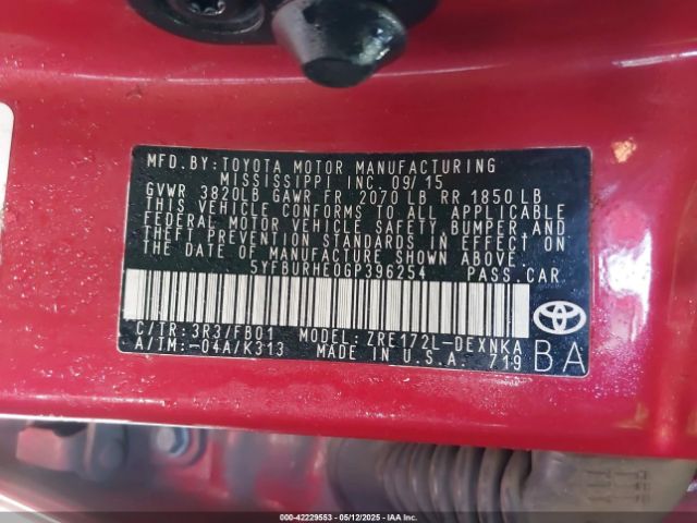 5YFBURHE0GP396254 Toyota COROLLA LE