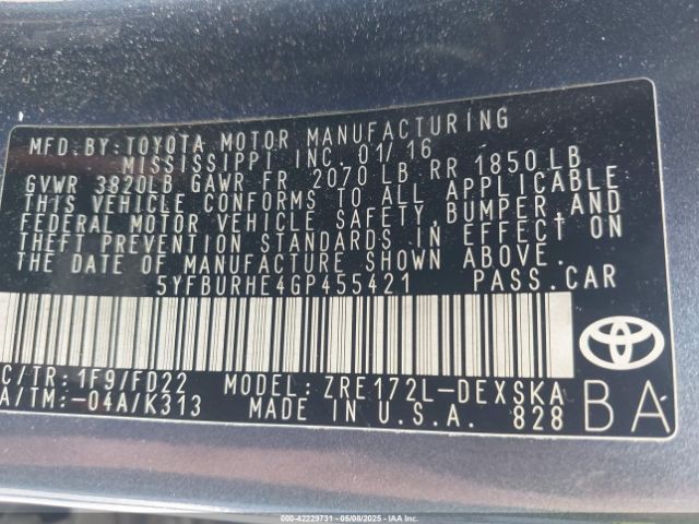 5YFBURHE4GP455421 Toyota Corolla S Plus