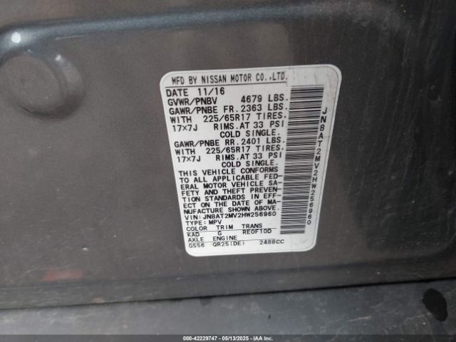 JN8AT2MV2HW256960 Nissan ROGUE S