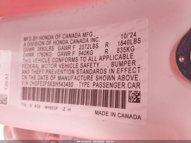 2HGFE2F5XSH543480 Honda Civic Sport