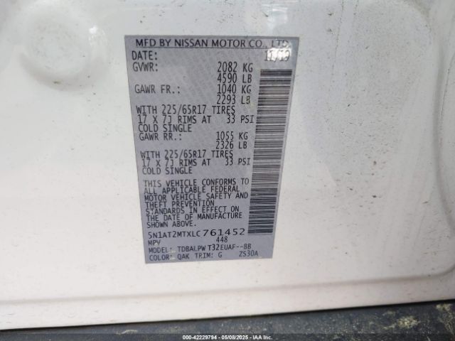 5N1AT2MTXLC761452 Nissan Rogue S Fwd