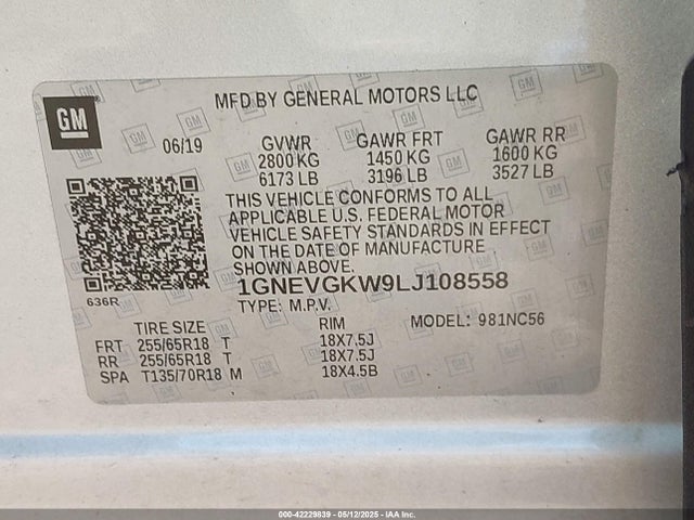 42229839 :رقم المزاد ، 1GNEVGKW9LJ108558 vin ، 2020 Chevrolet Traverse Awd Lt Cloth مزاد بيع