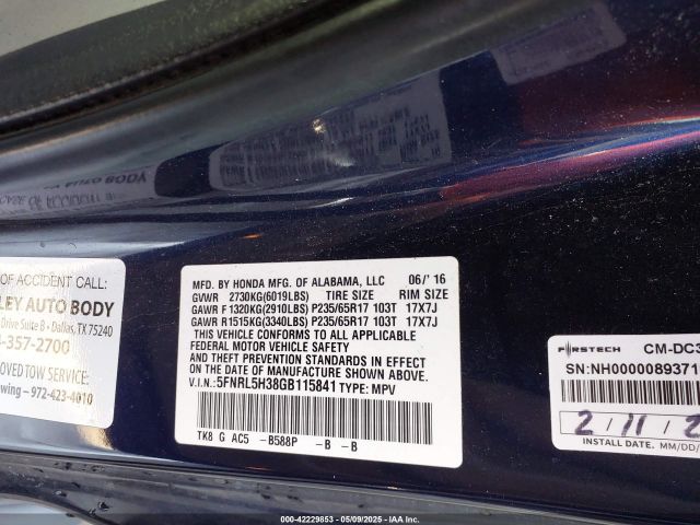 5FNRL5H38GB115841 Honda ODYSSEY SE