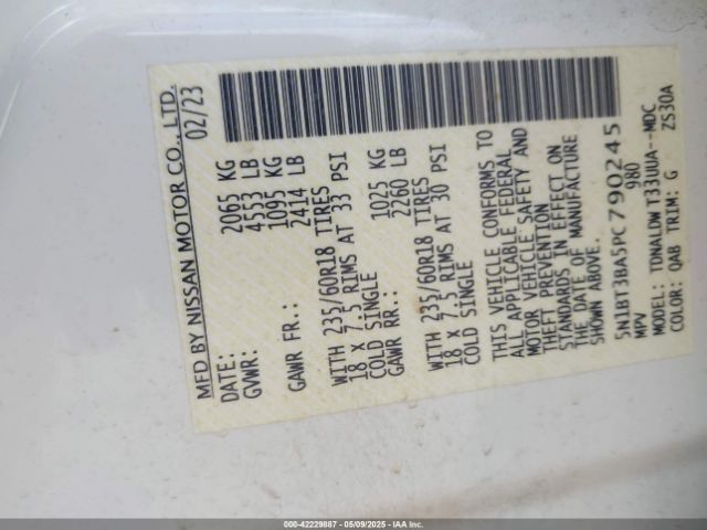 5N1BT3BA5PC790245 Nissan Rogue Sv Fwd