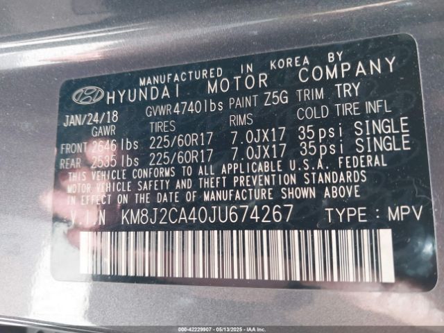 KM8J2CA40JU674267 Hyundai TUCSON SE