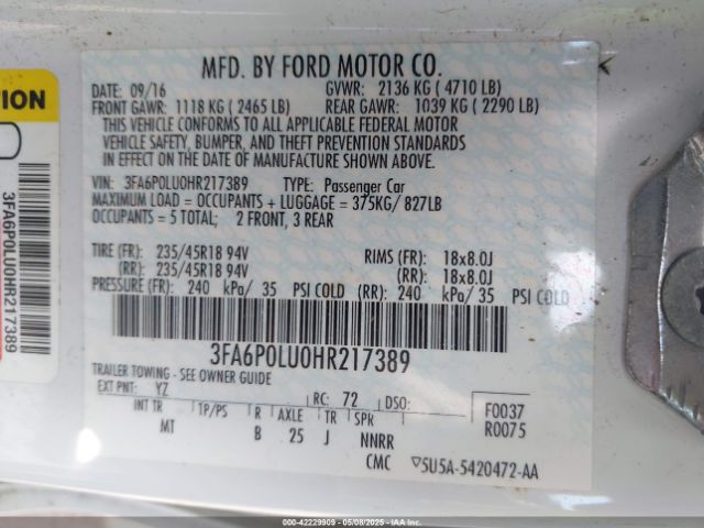 3FA6P0LU0HR217389 Ford Fusion Hybrid Se