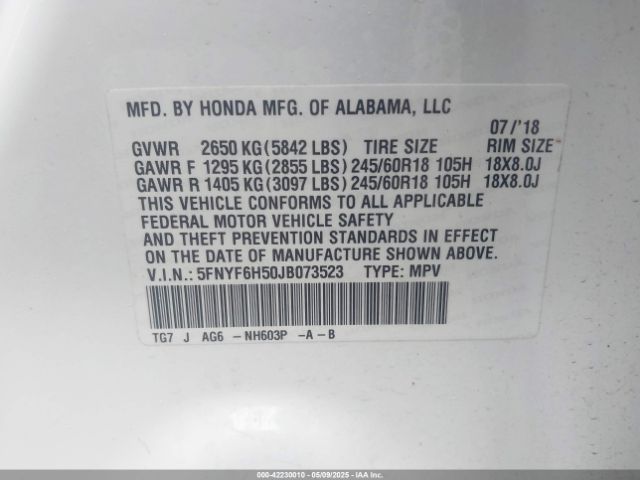 5FNYF6H50JB073523 Honda Pilot Ex-l