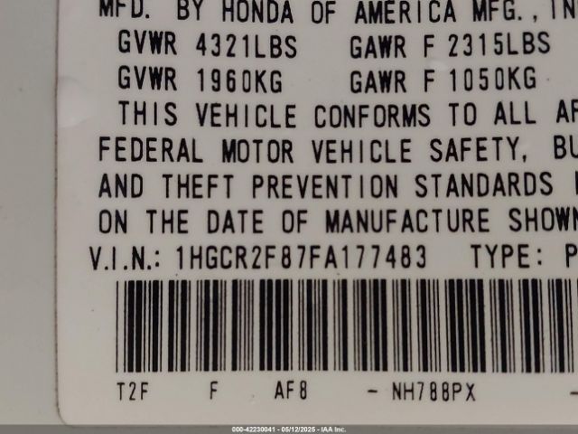 1HGCR2F87FA177483 Honda Accord Ex-l