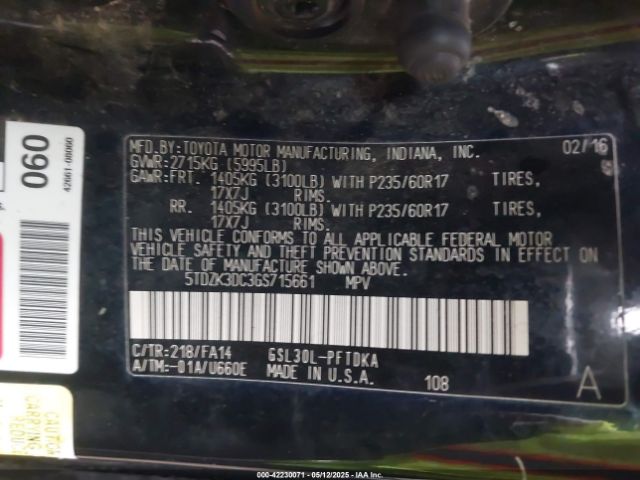 5TDZK3DC3GS715661 Toyota Sienna L 7 Passenger