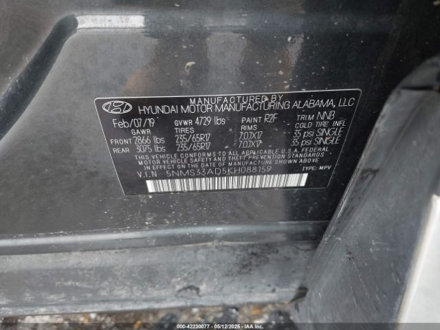 5NMS33AD5KH088159 Hyundai Santa Fe Sel