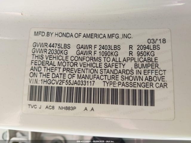 1HGCV2F55JA033117 Honda Accord Ex-l 2.0t