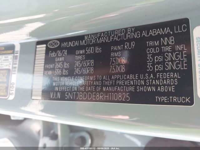 5NTJBDDE8RH110825 Hyundai Santa Cruz Sel