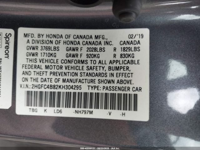 2019 HONDA CIVIC 2HGFC4B82KH304295 Photo 8