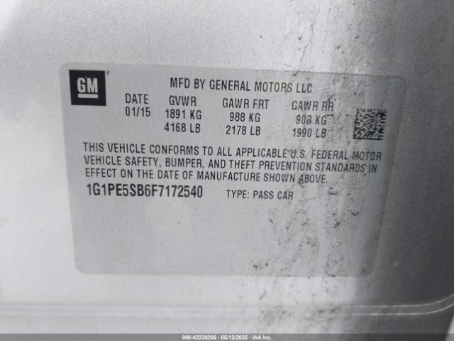 1G1PE5SB6F7172540 Chevrolet Cruze 2lt Auto