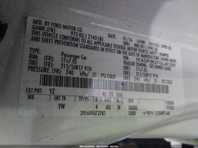 1FADP3K27GL261251 Ford FOCUS SE