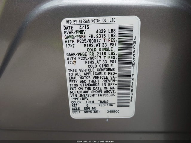 JN8AS5MT1FW156395 Nissan Rogue Select S