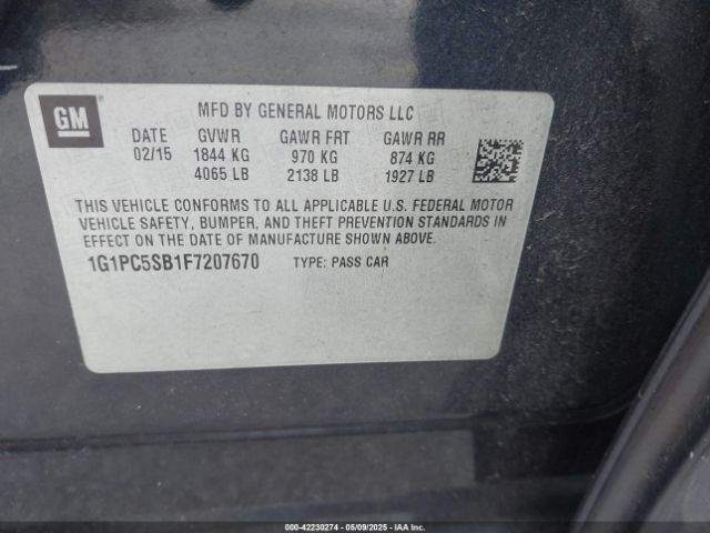 1G1PC5SB1F7207670 Chevrolet Cruze 1lt Auto