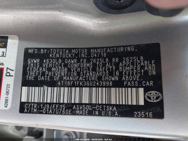 4T1BF1FK3GU243998 Toyota CAMRY SE