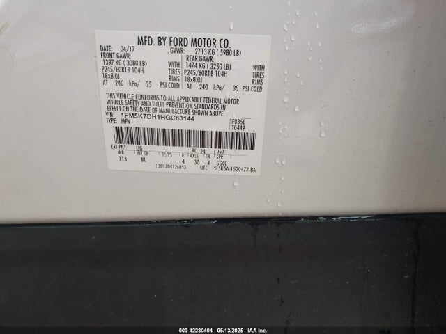 1FM5K7DH1HGC83144 Ford EXPLORER XLT