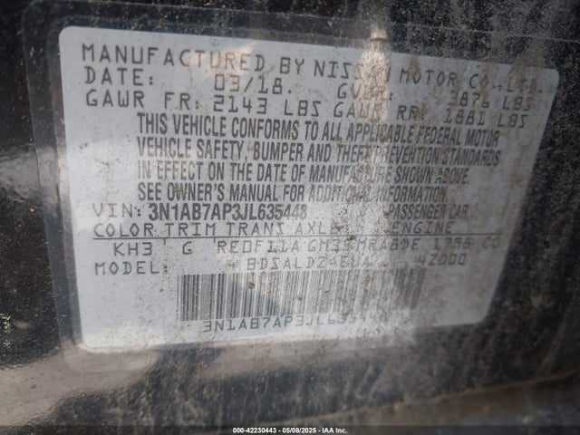 3N1AB7AP3JL635448 Nissan SENTRA SV