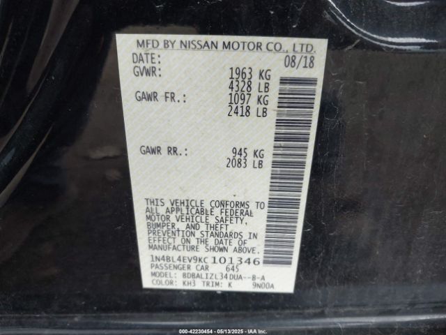 1N4BL4EV9KC101346 Nissan Altima 2.5 Sl