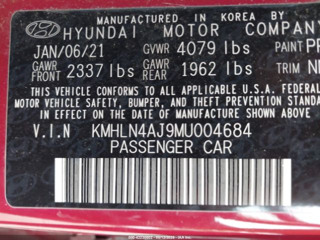 KMHLN4AJ9MU004684 Hyundai Elantra Hybrid Limited