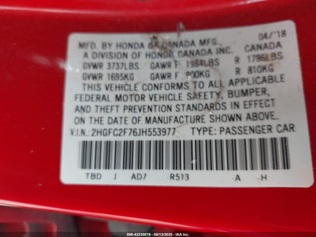 Honda CIVIC EX 2018 2HGFC2F76JH553977 Image 9