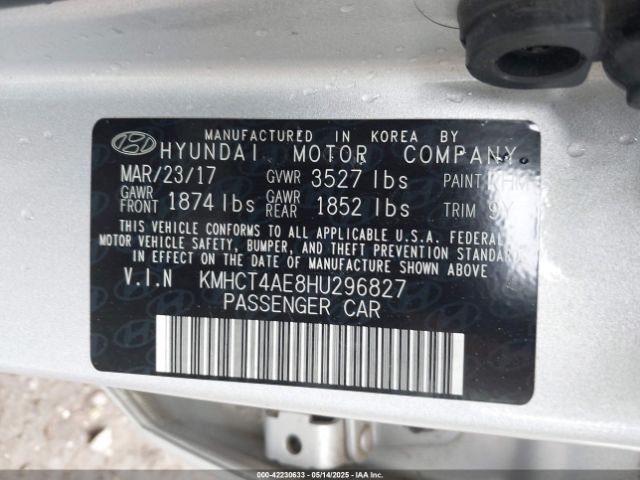 KMHCT4AE8HU296827 Hyundai ACCENT SE