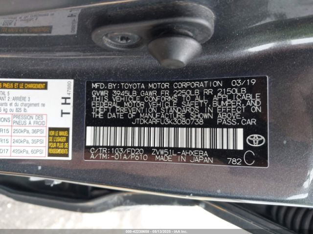 JTDKARFU3K3080738 Toyota Prius Le