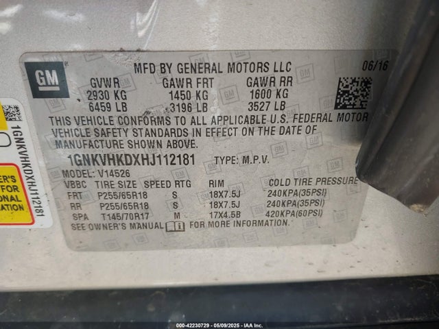 1GNKVHKDXHJ112181 Chevrolet Traverse 2lt