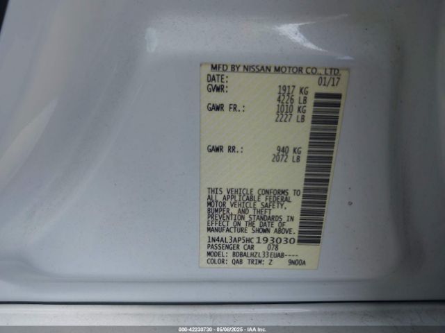 1N4AL3AP5HC193030 Nissan Altima 2.5 Sr