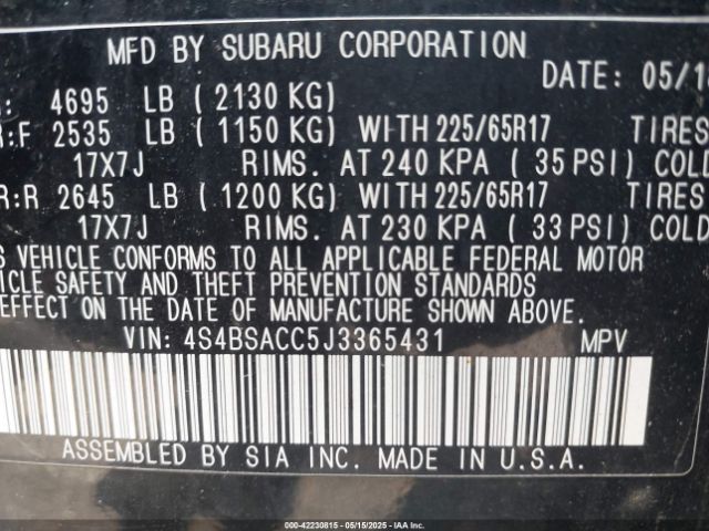 4S4BSACC5J3365431 Subaru Outback 2.5i Premium
