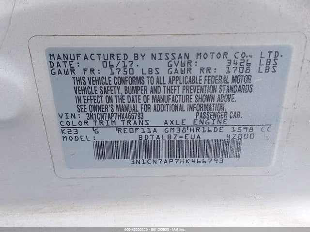 3N1CN7AP7HK466793 Nissan Versa 1.6 Sv