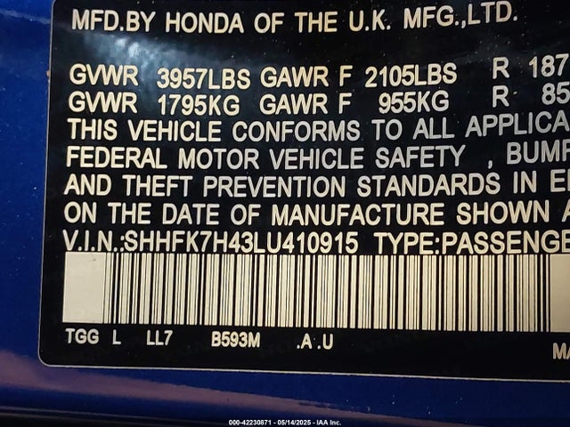 SHHFK7H43LU410915 Honda Civic Sport