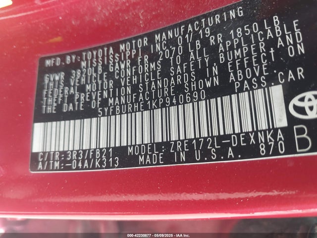 5YFBURHE1KP940690 Toyota COROLLA LE
