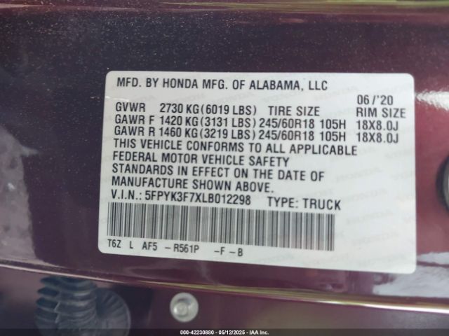 5FPYK3F7XLB012298 Honda Ridgeline Rtl-e