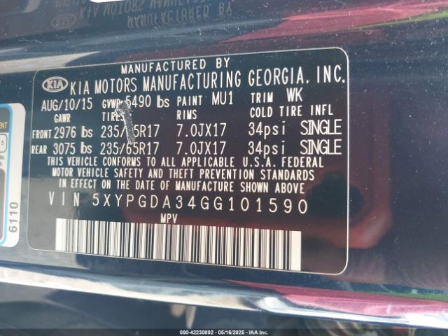 5XYPGDA34GG101590 KIA Sorento 2.4l Lx