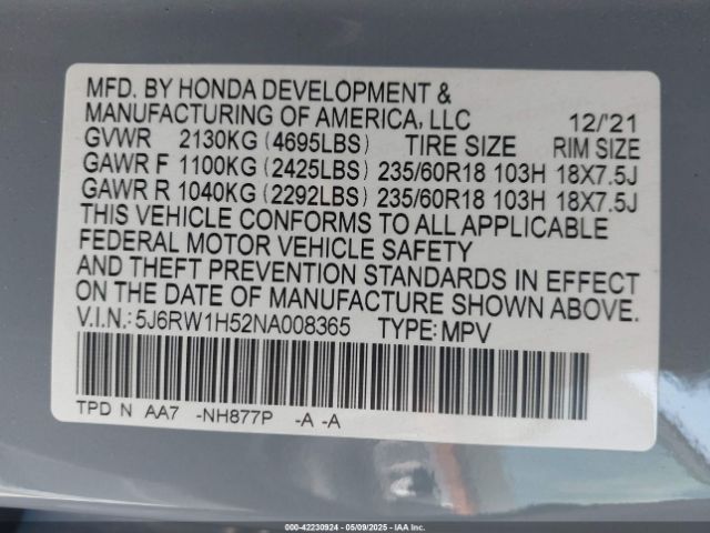 5J6RW1H52NA008365 Honda Cr-v 2wd Ex