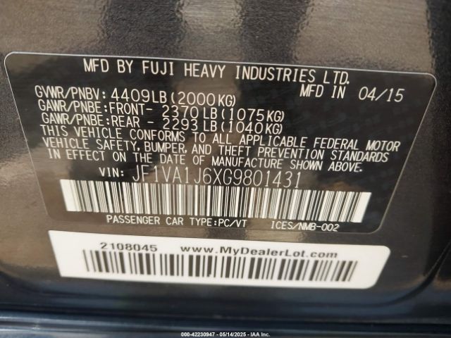 JF1VA1J6XG9801431 Subaru Wrx Limited