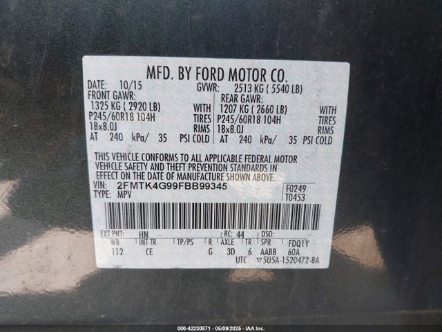 Ford EDGE SE 2015 2FMTK4G99FBB99345 Image 9
