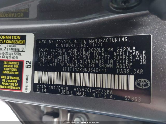 4T1T11AK9NU640414 Toyota CAMRY SE