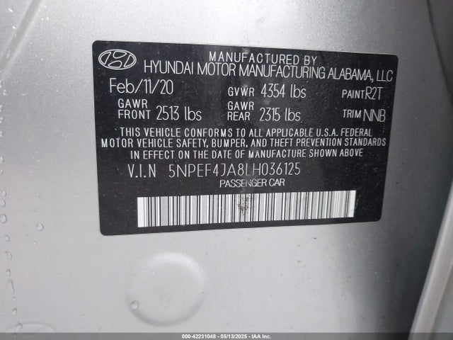 5NPEF4JA8LH036125 Hyundai SONATA SEL