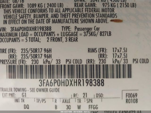 3FA6P0HDXHR198388 Ford FUSION SE