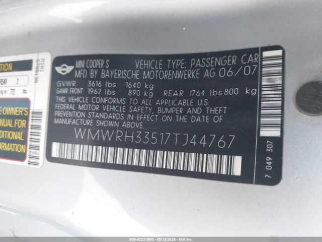 2007 MINI COOPER S WMWRH33517TJ44767 Photo 8