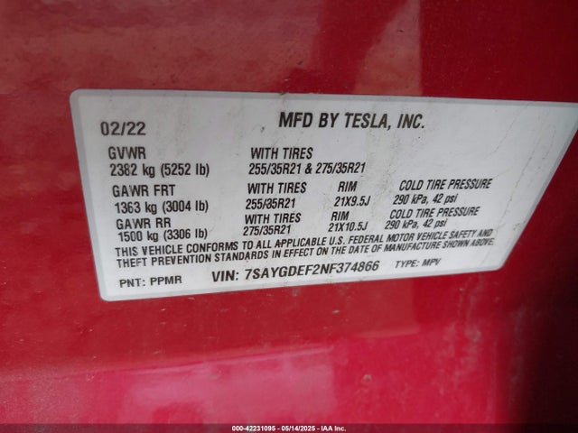 7SAYGDEF2NF374866 Tesla 2022
