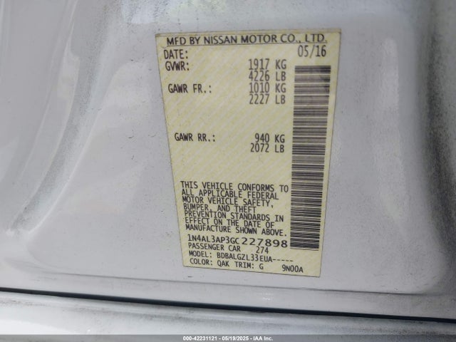 1N4AL3AP3GC227898 Nissan Altima 2.5/2.5 S/2.5 Sl/2.5 Sr/2.5 Sv