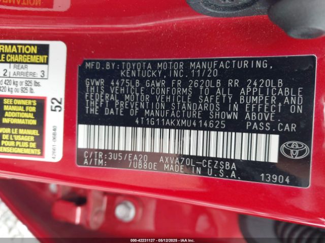 4T1G11AKXMU414625 Toyota CAMRY SE