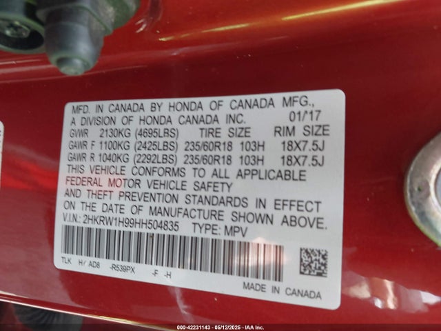 2HKRW1H99HH504835 Honda Cr-v Touring