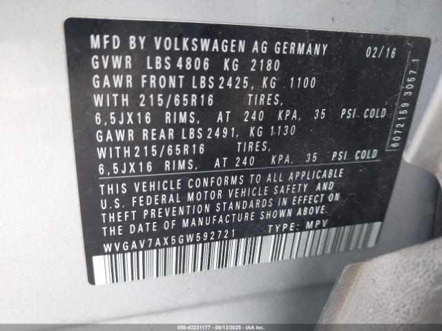 WVGAV7AX5GW592721 Volkswagen TIGUAN S