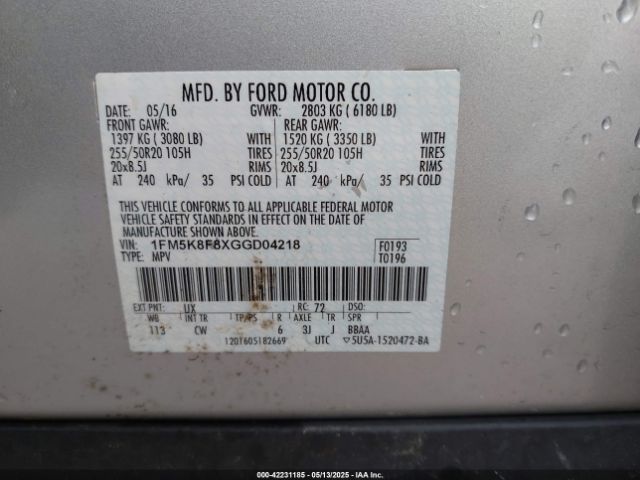 1FM5K8F8XGGD04218 Ford Explorer Limited